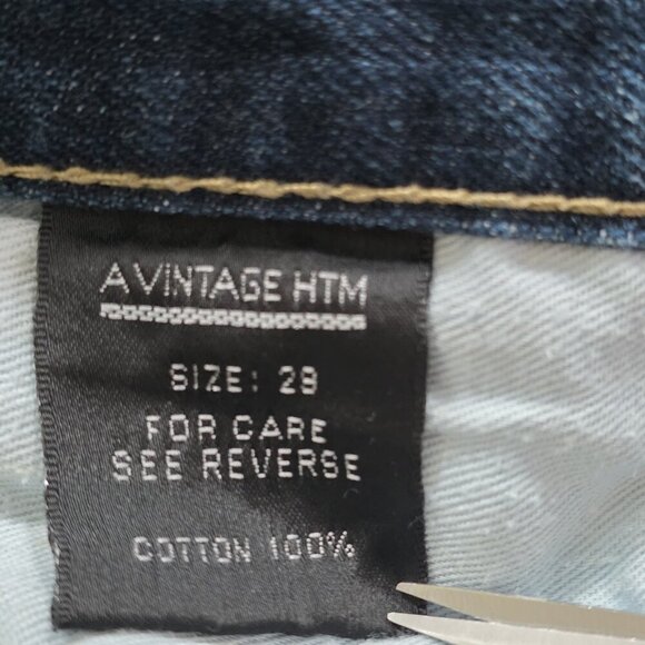 A Vintage HTM Hitomi Jean Mens 29x32 Blue Straigh Leg Japan Distressed Wiskering - Picture 12 of 16